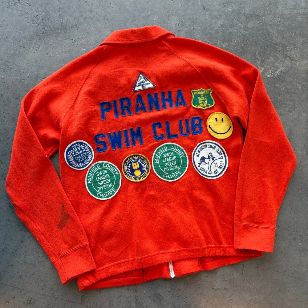 Vintage 1970's Piranha Swim Club Team Varsity Jacket Yale HOF Patch Covered M